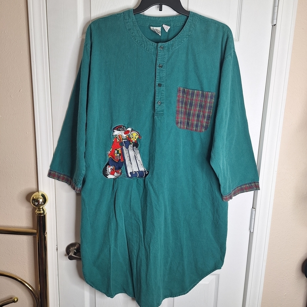 Vintage ACME Warner Bros Teal Nightshirt with Plaid Accents Size L / XL